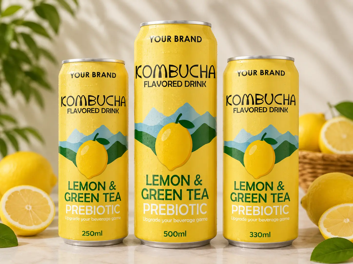 KOMBUCHA DRINK Lemon and Green Tea Prebiotic in 250ml, 330ml and 500ml cans.